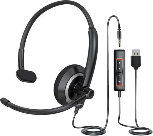 awatrue Single Ear USB Headset with Microphone for PC Lightweight | Adjustable Lightweight Computer Headset with Mic for Call Center, Office, 3.5mm & USB Compatible Headphone with Mic - color: Black, style: Single Ear（USB & 3.5mm）
