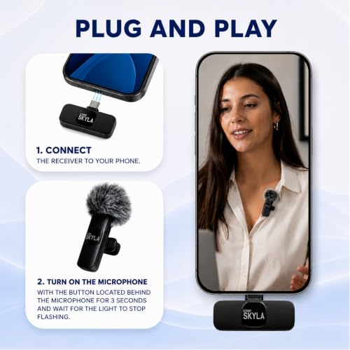 Wireless Lavalier Microphone for iPhone, Android & USB-C Dual Mic Set (2 Pack) with Lightning Adapter & Windscreens, Plug & Play Clip-On Lapel Mic for Video Recording, TikTok & YouTube