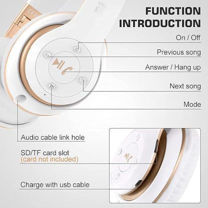 6S Bluetooth Headphones Over-Ear, Hi-Fi Stereo Foldable Wireless Stereo Headsets Earbuds with Built-in Mic, Volume Control, FM for iPhone/Samsung/iPad/PC (Blue) - color: White & Gold