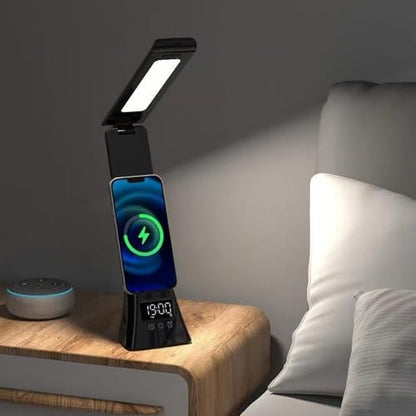 IHAO 3in1 Foldable Eye-Care Desk Lamp with 15W Wireless Charger & Digital Clock Touch Control, 3 Color Temperatures, Alarm, 180° Foldable, Phone Stand, Modern LED Table Lamp TYV-2088 Black - color: Table Lamp TYV-2088 Black