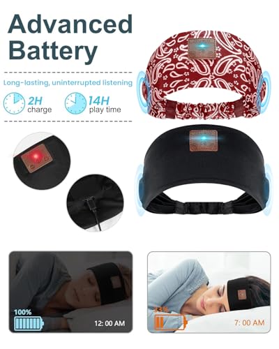 2PCS Sleeping Headphones, Headband Headphones with Thin Speakers - color: Black&Pattern Red