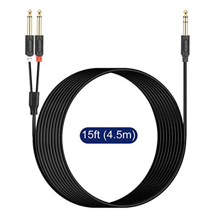 J&D 1/4 Inch TRS to Dual TS Y Splitter Cable, Gold Plated 6.35mm Stereo Male to 2 Mono Male Breakout Cable for Audio Interface, Mixer, Amplifier [Audiowave Series], 15 Feet - size: 15 Feet