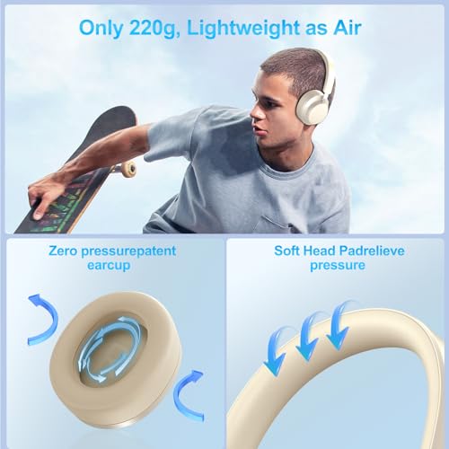 Noise Cancelling Headphones Wireless Bluetooth, Over Ear Headphones Bluetooth with Microphone, Cancelling Wireless Headphone Over Ear, 65h Playtime, Clear Calls, Comfort Fit For Travel (Beige) - color: Beige