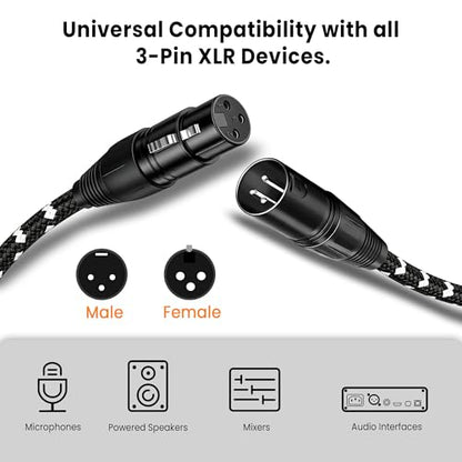 XLR Cables Microphone Cable 3 Ft 2 Pack, 3-Pin Male to Female Balanced Audio Cable, Nylon Braided Short Mic Cord OFC Conductor