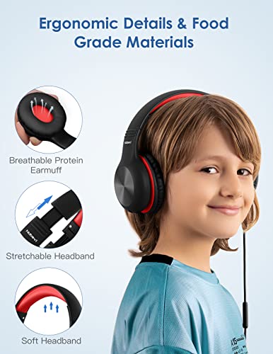 Nabevi Headphones for Kids for School, Kids Headphones with Microphone, Sharing Function, 85dB/94dB Safe Volume Limit, HD Sound, Over Ear Kid Headphone for School, On-line Study, Travel, Red - color: Red