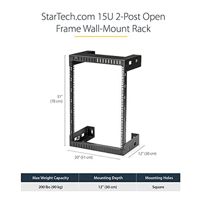 StarTech 15U 2-Post Wall Mount Open Frame Rack, 19in, 200lb (RK15WALLO) - size: 30.5"x19.9"x12"