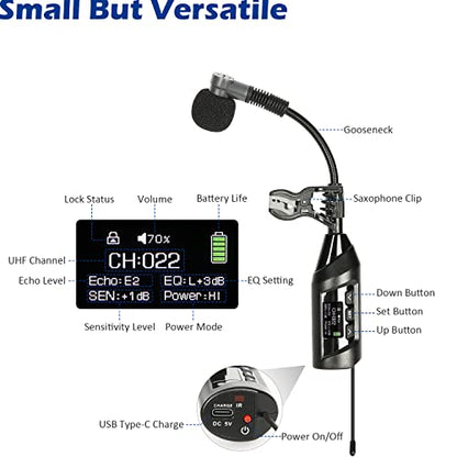SGPRO TR15 Wireless Clip-On Saxophone Microphone System | For sax and trumpet, Preset EQ and echo, 196 ft range, Rechargeable, 4.5-hour runtime, Solo vocals and band performances - color: TR-15 | Portable Single Set