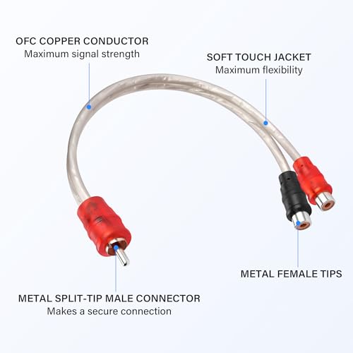 RCA Y Splitter Cable，2 Pack Shielded RCA 1 Male to 2 Female Stereo Audio Y Cable for Car Radio, Amplifier, TV, Digital Audio（30cm）