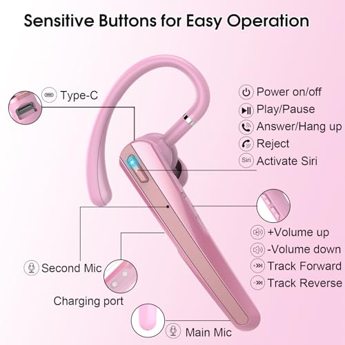 Bluetooth Headset V5.3, Wireless Headset with ENC Noise Canceling Mic | 120Hrs Talk Single-Ear Bluetooth Earpiece, LED Display, IP7 Waterproof Hand-Free Earphone for Business/Trucker, Pink - color: Pink