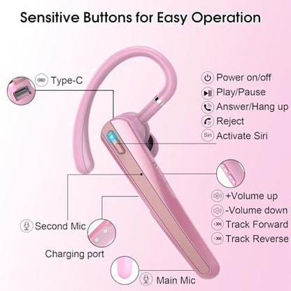 Bluetooth Headset V5.3, Wireless Headset with ENC Noise Canceling Mic | 120Hrs Talk Single-Ear Bluetooth Earpiece, LED Display, IP7 Waterproof Hand-Free Earphone for Business/Trucker, Pink - color: Pink