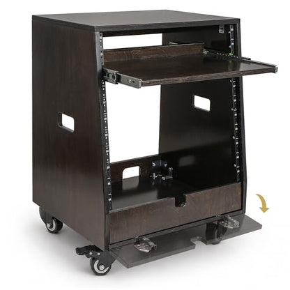 Sound Town DIY Slanted 10U Studio Rack (2U Top + 8U Lower) with 2U Bottom Storage, Slide-Out Tray, Casters, for Home Studio and Recording Room, Birch Plywood, Black Espresso (SDRK-ST10TD) - size: 10u(2u Top + 8u Lower),Black Espresso