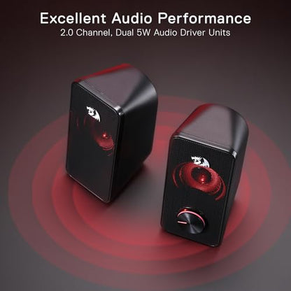 Redragon GS500 PC Gaming Speakers 2.0 Channel Stereo Enhanced Sound | Decent Red Backlight, Quality Bass, Crystal Clear Sound, Plug & Play USB Powered Desktop Computer Speaker