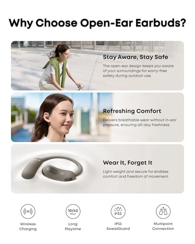 Soundcore AeroFit 2 by Anker Open Ear Earbuds, Open Ear Headphones, Earbuds | Real-Time Translation, 4 Adjustable Positions, 42H Playtime, Rich Bass, Hi-Res, IP55, AI Clear Calls, Wireless Charging - color: Brown, style: Standard