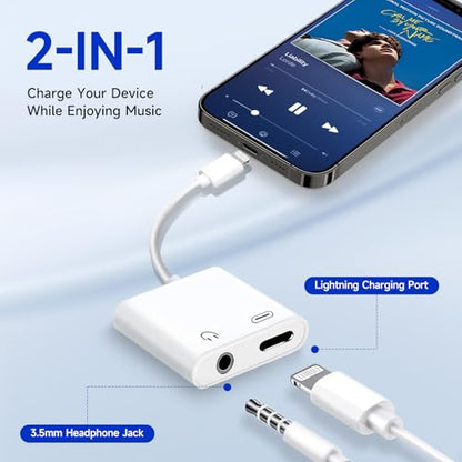 [Apple MFi Certified] 2-in-1 Charging & Audio Adapter for iPhone, Lightning to 3.5mm Headphone Jack Dongle Splitter, Supports Hi-Res Lossless Sound, Compatible with iPhone 14/13/12/11/XS/XR/8/7 1Pack - color: White