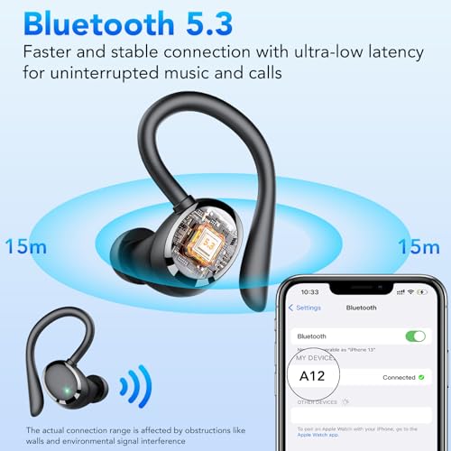 KT1 Bluetooth Headphones Wireless Earbuds 72hrs Playtime Wireless Charging Case Digital Display, Ear Buds with Earhook,IPX7 Waterproof, Deep Bass 2.0,Over-Ear Earphones for Sport Running, Black - color: Black