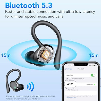 KT1 Bluetooth Headphones Wireless Earbuds 72hrs Playtime Wireless Charging Case Digital Display, Ear Buds with Earhook,IPX7 Waterproof, Deep Bass 2.0,Over-Ear Earphones for Sport Running, Black - color: Black