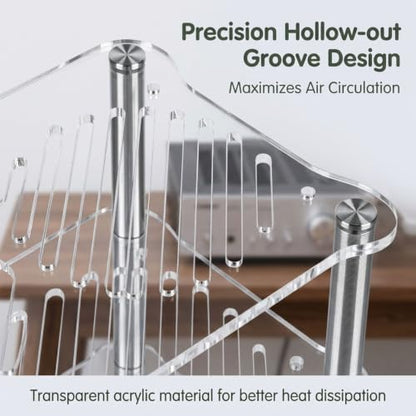 Stereo Stand, 3-Tier Desktop Open Audio Rack | Metal Frame, Cut-out Acrylic Shelf, Heat Dissipation Feature for Office Living Room