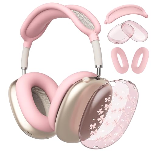 Cute Pink Heart Bow Clear Case for Airpods Max Headphones Kawaii Design Soft TPU Ear Cups Cover Anti-Scratch Silicone Ear Pad Protective Case Pretty Headband Cover for Apple Airpods Max - color: Pink bow 04