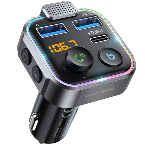 UNBREAKcable Bluetooth FM Transmitter for Car, PD 38W Fast Charging, Wireless Bluetooth FM Radio Adapter, Car Kit with Hands-Free Calls, HiFi Bass Boost MP3 Music Player Support USB Drive - color: Grey