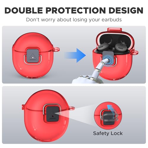 [Safety Lock] Compatible with Google Pixel Buds 2A Case, TPU Anti-Yellowing Shockproof Protective Cover for Google Pixel Buds 2A 2025, Includes Cleaning Kit & Carabiner (Transparent Red) - color: Transparent Red
