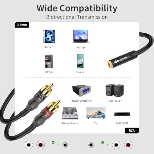 RCA to 1/8 Female Y Cable, Female 3.5mm to Dual RCA/Phono Male Stereo Splitter Cord, Mini Jack to 2 RCA Male Audio Breakout Adapter 12 inch 30cm