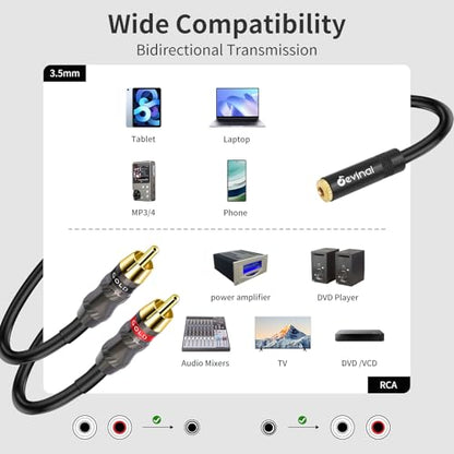 RCA to 1/8 Female Y Cable, Female 3.5mm to Dual RCA/Phono Male Stereo Splitter Cord, Mini Jack to 2 RCA Male Audio Breakout Adapter 12 inch 30cm