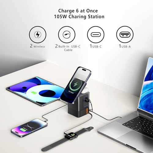 105W Charging Station–MagSafe Compatible,6-in-1 Charging Dock,Gan Retractable Charger with Dual 65W Cables,USB-C Fast Charging for iPhone, AirPods,Tablets.
