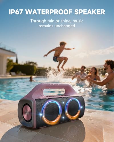 IP67 Waterproof Bluetooth Speaker:80W(Peak) Loud Outdoor Portable Wireless Party Speakers with LED Lights,20H Playtime,Bluetooth 5.3,Deep Bass & TWS for Pool,Beach (Pink) - color: Pink + Gray