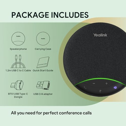 Yealink Sp92 Conference Speaker and Microphone with Bluetooth Dongle, Teams Certified, Noise Reduction, 20H Call Time USB Speakerphone for 4-6 People Meeting Room - color: Black- SP92 with Dongle USB-C/A