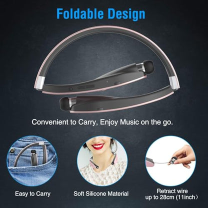 AMORNO Foldable Bluetooth Headphones Wireless Neckband Headset with Retractable Earbuds, Sports Sweatproof Noise Cancelling Stereo Earphones with Mic … - color: Rose Gold