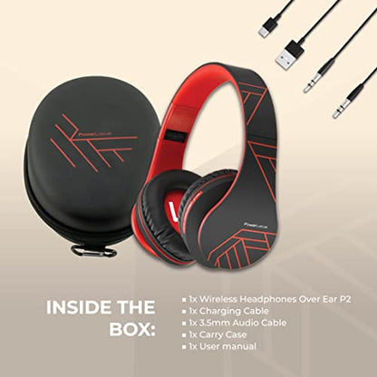 PowerLocus Bluetooth Over-Ear Headphones, Wireless Stereo Foldable Headphones Wireless and Wired Headsets with Built-in Mic, Micro SD/TF, FM for iPhone/Samsung/iPad/PC (Black/Red) - color: Black/Red