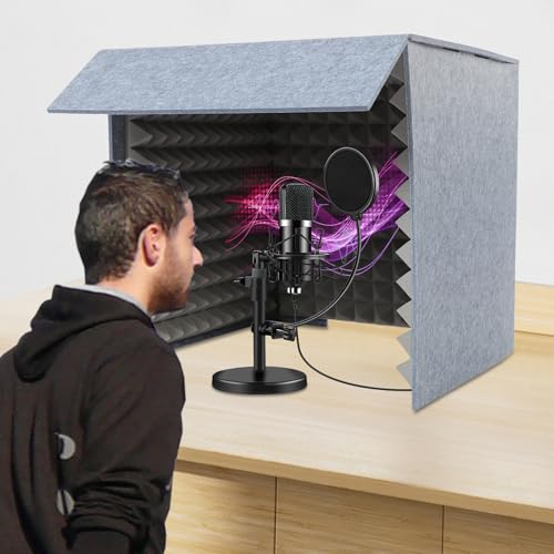 Portable Recording Isolation Booth, 60*60*60'' Desktop Soundproof Cover, Foldable Acoustic Soundproof Shield with Double-Layer Sponge & Polyester Panels for Home Studio Podcasting and Live Streaming