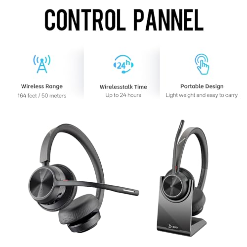 Poly Voyager 4320 UC Wireless Headset & Charge Stand - Connects to PC/Mac/Mobile Phone via Bluetooth with USB-C to A Adapter & USB C Dongle & USB A-C Cable & Storage Bag and Fiber Cloth