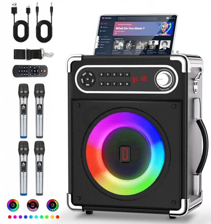 Karaoke Machine with 4 Wireless Microphones, Portable Bluetooth 5.1 Speaker for Adults Kids with LED Lights, Bass/Treble Adjustment, PA System with Remote Control, Supports FM/AUX/USB/TF for Party