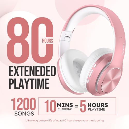 TuneFlux Wireless Bluetooth Headphones Over Ear, 80H Playtime, 3EQ Sound Modes, HiFi Stereo Headphones with Deep Bass, Foldable Bluetooth 5.3 Headsets for Smartphone/PC/Computer-Rose Gold - color: Rose Gold