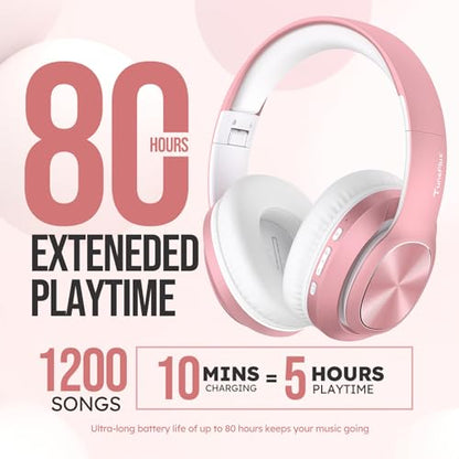 TuneFlux Wireless Bluetooth Headphones Over Ear, 80H Playtime, 3EQ Sound Modes, HiFi Stereo Headphones with Deep Bass, Foldable Bluetooth 5.3 Headsets for Smartphone/PC/Computer-Rose Gold - color: Rose Gold
