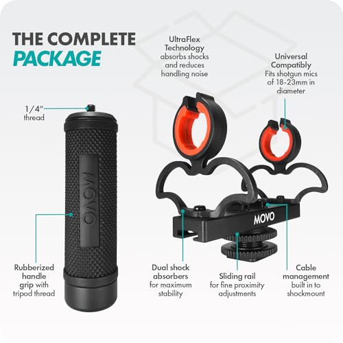 Movo SM6H Ultraflex Premium Shockmount for Shotgun Microphones with Grip Handle – Compatible with Rode NTG Series, Sennheiser MKE600, Audio-Technica AT875R, and More - style: Shockmount and Grip
