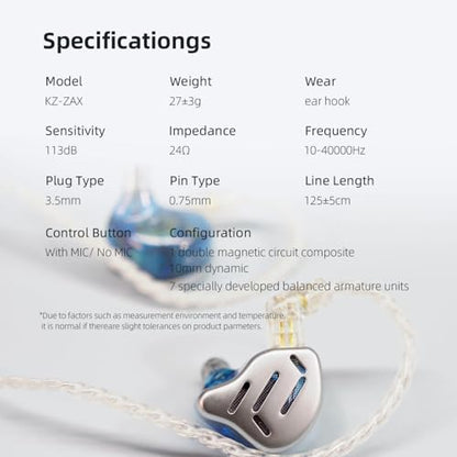 KZ Zax in Ear Headphones 7BA+1DD Hybrid 16 Drivers HiFi Noise Cancelling in Ear Monitor, Zin Alloy Shell Metal Wired Earphone with 3.5mm Jack Detachable 2 Pin 0.75mm Cable (No mic, Silver) | HiFi Sound Isolating Wired Earbuds, Zin Alloy Shell Metal Earpho