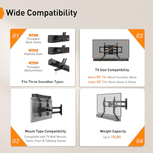 Perlegear Soundbar Mount with Adjustable Height, Sound bar Mount up to 15 lbs, Soundbar Mount Under or Above TV, Soundbar tv Mount Bracket with Detachable Long Extension Plates PGSM04B - style: Soundbar Mount PGSM04B