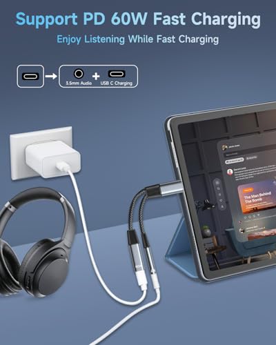 2 in 1 USB C to 3.5mm Jack and Charger Adapter, USB C Headphone Adapter | Type C to Aux to USBC Splitter with 60W PD Fast Charging for Samsung S26 S25,iPhone 17 16 15 Pro Max Plus,iPad, Pixel,Huawei
