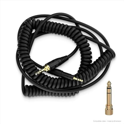 BRAINWAVZ Coiled Replacement Audio Cable Compatible with Audio-Technica ATH-M50x M40x M70x M60x – 2.5mm to 3.5mm Gold-Plated Jacks with 6.5mm Adapter Rubber Coated Extendable 1.2m/47”–3.5m/138