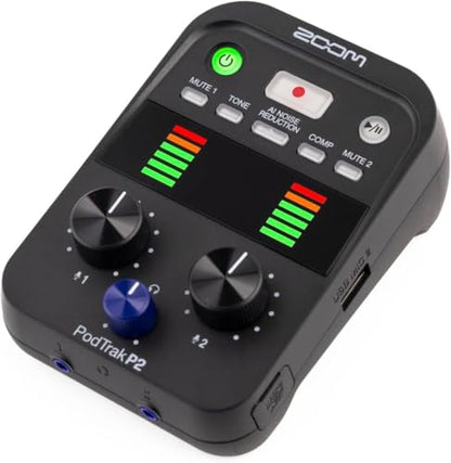 Zoom PodTrak P2 Podcast Recorder 2 USB Mic Inputs Bundle
