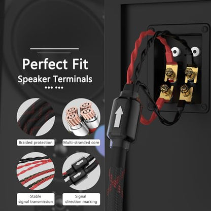 Tertullus 1 Pair Biwire Speaker Cable 8 Spade Plugs 4 Gold Plated Banana Plugs (2.5m/8.20ft) - size: 8.20 ft