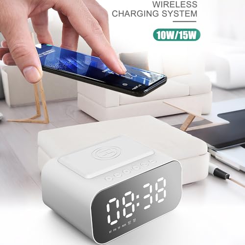 IHAO 7in1 Multifunctional Digital Alarm Clock with 15W Fast Wireless Charger Bluetooth Speaker LED Display Clock FM Radio TF Card, AUX Input, USB Port Dual Alarm for Bedroom and Office-BT510 White - color: 5in1 Wireless Charger Alarm Clock Bt510 White