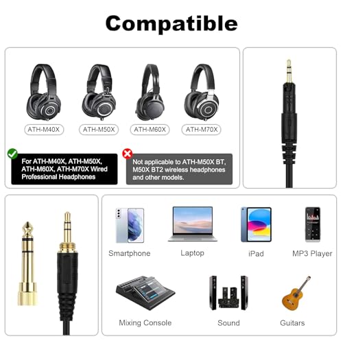 Zosvoses ATH M50X Cable Compatible with Audio Technica ATH-M50X, ATH-M40X, ATH-M60X, ATH-M70X Headphones, Coiled Audio Cable with 6.35mm Adapter, 5-10ft