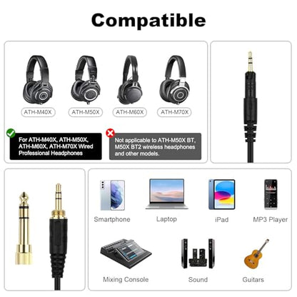 Zosvoses ATH M50X Cable Compatible with Audio Technica ATH-M50X, ATH-M40X, ATH-M60X, ATH-M70X Headphones, Coiled Audio Cable with 6.35mm Adapter, 5-10ft