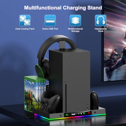 LED Cooling Stand & Charging Station for Xbox Series X Console | Cooling Fan Station for Xbox Series X Accessories with 2X 1400mAh Rechargeable Controller Battery Pack, 15 Light Modes - color: Carbon Black