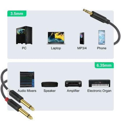 J&D 3.5mm TRS to Dual 6.35mm TS Breakout Cable, Gold Plated Audiowave Series 1/8 to Dual 1/4 Stereo Cable Splitter with Nylon Braid Compatible with PC, Computer Sound Card, Mixer, Speaker, 9 Feet - size: 9 Feet