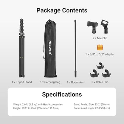 NEEWER Mic Stand Floor, Microphone Tripod with Boom Arm, Heavy Duty Adjustable Stand & Arm with 2 Mic Holder Clamps, 3 Cable Clips, Bag, 3/8" to 5/8" Adapter for Singing Podcast Recording, MS046 - style: MS046