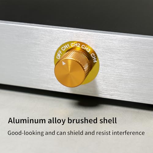 Hi-Fi Passive RCA Stereo Audio Switch Box 4 in 2 Out with Gold Jacks | Connect 4 devices IN to 2 OUT. Gold-plated jacks for pure sound. Solid aluminum case, no power supply. Perfect for Hi-Fi.